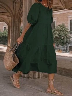 Women‘s Plus Size Curve Holiday Dress Solid Color Crew Neck Half Sleeve Fall Spring Casual Boho Maxi Long Dress Daily Vacation Dress Cotton -HAYz Clothing Shop teacmn1621240348245