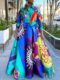 Women‘s Plus Size Curve Party Dress Swing Dress Graphic Long Dress Maxi Dress Long Sleeve Pocket Print Crew Neck Modern Party Blue Fall Spring L XL XXL 3XL 4XL