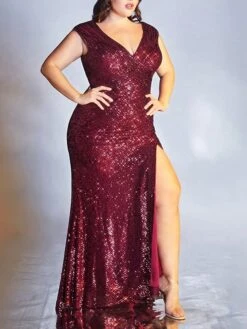 Women‘s Plus Size Curve Party Dress Solid Color V Neck Sequins Sleeveless Spring Fall Basic Formal Sequins Prom Dress Maxi Long Dress Party Dress Sequin Dress Split