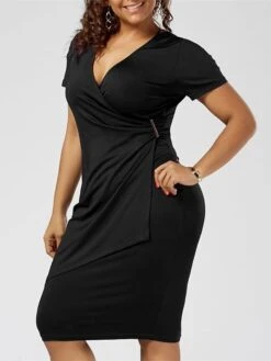 Women‘s Plus Size Curve Work Dress Solid Color V Neck Ruched Short Sleeve Summer Spring Work Knee Length Dress Work Vacation Dress -HAYz Clothing Shop tekhcm1659091100062