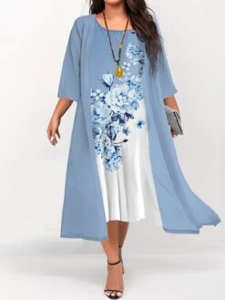 Women's Plus Size Curve Two Piece Dress Set Casual Dress Swing Dress Outdoor Daily Fashion Elegant Print Midi Dress Crew Neck 3/4 Length Sleeve Floral Ombre Pink Blue Sky Blue Fall Winter S M L