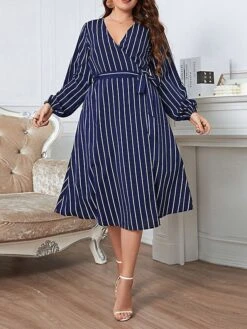 Women's Plus Size Party Dress Wedding Guest Dress Wrap Dress Midi Dress Royal Blue Long Sleeve Line With Belt Spring Fall Winter V Neck Fashion Winter Dress Evening Party Wedding Guest 2023 XL XXL