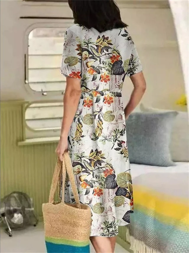 Women's Casual Dress Cotton Linen Dress Swing Dress Midi Dress Cotton Blend Basic Casual Outdoor Daily Vacation V Neck Pocket Print Short Sleeve Summer Spring 2023 Loose Fit Yellow Navy Blue Purple 2 Women's Casual Dress Cotton Linen Dress Swing Dress Midi Dress Cotton Blend Basic Casual Outdoor Daily Vacation V Neck Pocket Print Short Sleeve Summer Spring 2023 Loose Fit Yellow Navy Blue Purple - Image 2