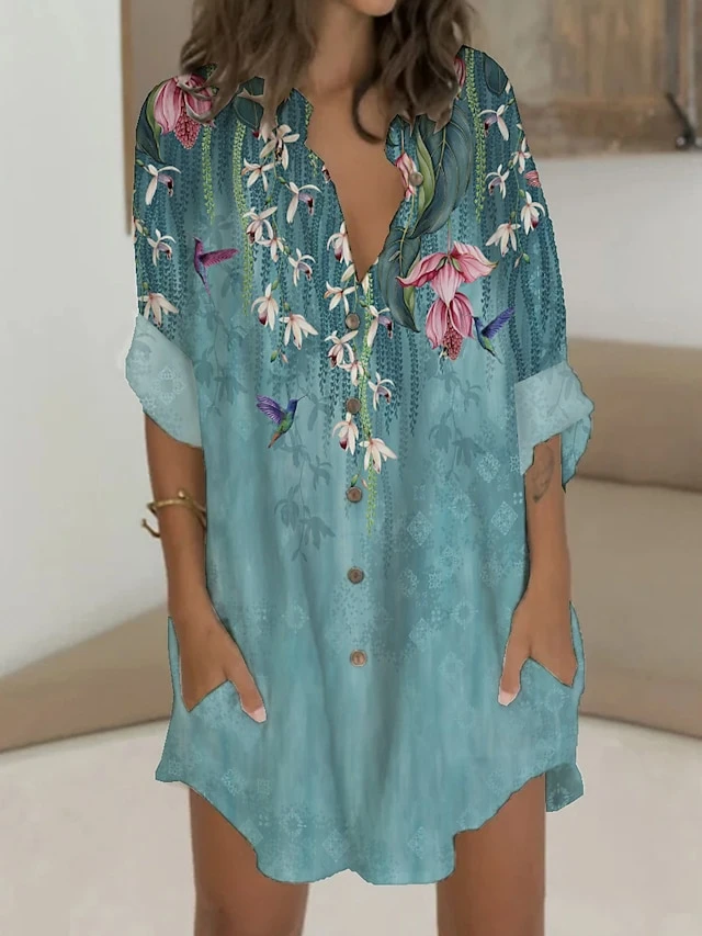 Women's Shirt Dress Casual Dress Shift Dress Mini Dress Outdoor Date Vacation Polyester Fashion Modern V Neck Button Pocket 3/4 Length Sleeve Summer Spring 2023 Regular Fit White Pink Blue Bird Flower 1 Women's Shirt Dress Casual Dress Shift Dress Mini Dress Outdoor Date Vacation Polyester Fashion Modern V Neck Button Pocket 3/4 Length Sleeve Summer Spring 2023 Regular Fit White Pink Blue Bird Flower