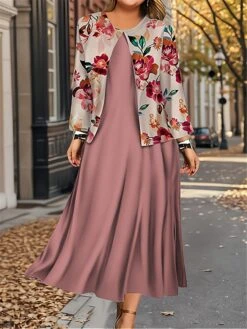 Women's Plus Size Two Piece Dress Set Casual Dress Swing Dress Outdoor Office Fashion Streetwear Print Midi Dress Crew Neck Long Sleeve Leaf Floral Regular Fit Pink Blue Brown Fall Winter L XL XXL -HAYz Clothing Shop tfiofj1697613529420