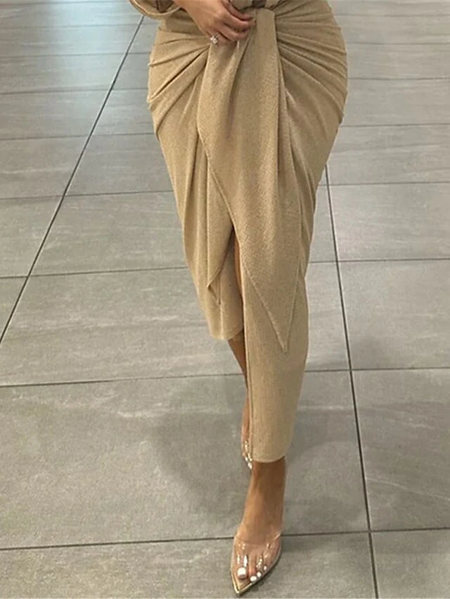 Women's Two Piece Dress Set Party Dress Skirt Set Party Wedding Guest Fashion Party Ruched Long Dress Maxi Dress Shirt Collar Long Sleeve Plain Regular Fit Khaki Fall Winter S M L XL 3 Women's Two Piece Dress Set Party Dress Skirt Set Party Wedding Guest Fashion Party Ruched Long Dress Maxi Dress Shirt Collar Long Sleeve Plain Regular Fit Khaki Fall Winter S M L XL - Image 3