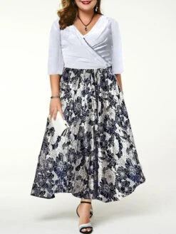 Women‘s Plus Size Curve Casual Dress Sheath Dress A Line Dress Floral Long Dress Maxi Dress Half Sleeve Patchwork Print Crew Neck Fashion Daily Black White Spring Summer L XL XXL 3XL -HAYz Clothing Shop tfynxj1675921329608