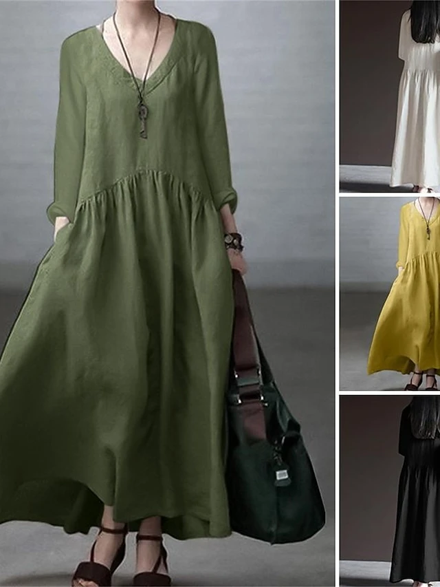 Women's Casual Dress Cotton Dress Swing Dress Maxi Long Dress Cotton Basic Classic Outdoor Daily Vacation V Neck Ruched Long Sleeve Spring Fall Winter 2023 Loose Fit ArmyGreen Black White Plain S M L 11 Women's Casual Dress Cotton Dress Swing Dress Maxi Long Dress Cotton Basic Classic Outdoor Daily Vacation V Neck Ruched Long Sleeve Spring Fall Winter 2023 Loose Fit ArmyGreen Black White Plain S M L - Image 11