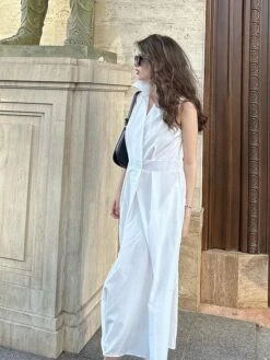 Women's Shirt Dress Cotton Linen Dress Wrap Dress Maxi Long Dress Cotton Blend Fashion Elegant Outdoor Office Business Shirt Collar Button Pocket Sleeveless Summer Spring 2023 Loose Fit White Plain S -HAYz Clothing Shop tglwcm1690275329658