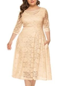 Women‘s Plus Size Curve Party Dress Black Dress Floral Crew Neck Lace 3/4 Length Sleeve Spring Fall Work Prom Dress Midi Dress Party -HAYz Clothing Shop tgnybi1628496514262