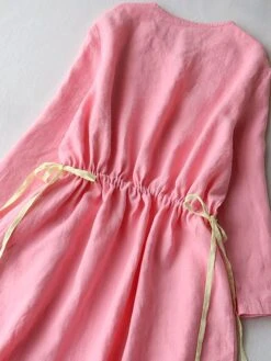 Women's Casual Dress Cotton Linen Dress Midi Dress Linen / Cotton Blend Fashion Casual Outdoor Daily Vacation V Neck Button Pocket Long Sleeve Fall Winter Autumn 2023 Loose Fit Pink Plain M L XL 2XL -HAYz Clothing Shop tgtjpf1694418852223