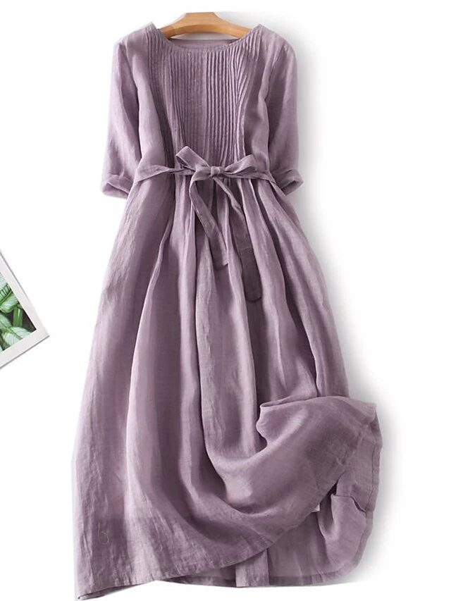 Women's Casual Dress A Line Dress Midi Dress Polyester Fashion Daily Outdoor Daily Vacation Crew Neck Ruched Tie Belt Long Sleeve Fall Winter Autumn 2023 Loose Fit Yellow Pink Purple Plain M L XL 2XL 2 Women's Casual Dress A Line Dress Midi Dress Polyester Fashion Daily Outdoor Daily Vacation Crew Neck Ruched Tie Belt Long Sleeve Fall Winter Autumn 2023 Loose Fit Yellow Pink Purple Plain M L XL 2XL - Image 2