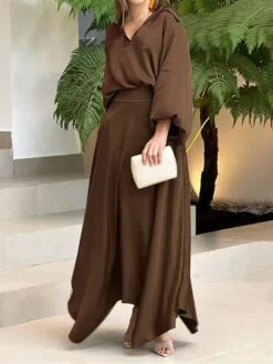 Women's Two Piece Dress Set Casual Dress Skirt Set Daily Date Streetwear Elegant Pocket Long Dress Maxi Dress Shirt Collar Long Sleeve Plain Loose Fit Black Wine Blue Fall Winter S M L XL XXL -HAYz Clothing Shop thfqnh1694085334006