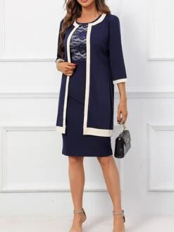 Women's Two Piece Dress Set Party Dress Lace Dress Party Office Fashion Elegant Lace Patchwork Midi Dress Crew Neck 3/4 Length Sleeve Plain Regular Fit Navy Blue Fall Winter S M L XL XXL -HAYz Clothing Shop thidsy1697450714626