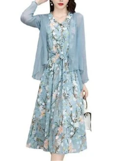Women's Two Piece Dress Set Print Dress Outdoor Daily Modern Casual Lace Up Ruched Midi Dress V Neck Long Sleeve Floral Regular Fit Black Pink Blue Summer Spring M L XL XXL XXXL -HAYz Clothing Shop thqmki1678430833298