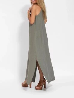 Women's Casual Dress Cotton Linen Dress Strap Dress Maxi Long Dress Polyester Casual Boho / Bohemian Vacation Beach Square Neck Split Sleeveless Summer Spring 2023 Slim ArmyGreen Black White Plain S -HAYz Clothing Shop thsate1687930425834