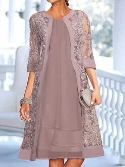 Women's Two Piece Dress Set Party Dress Lace Dress Party Wedding Guest Fashion Elegant Lace Patchwork Midi Dress Crew Neck 3/4 Length Sleeve Plain Regular Fit Light Purple Fall Winter S M L XL XXL