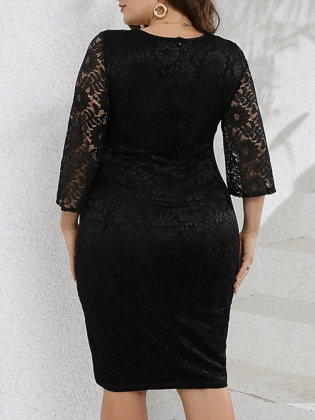 Women‘s Plus Size Curve Party Dress Lace Dress Cocktail Dress Black Dress Midi Dress Long Sleeve Pure Color Lace Spring Fall Winter Crew Neck Fashion Winter Dress Birthday Wedding Guest 3 Women‘s Plus Size Curve Party Dress Lace Dress Cocktail Dress Black Dress Midi Dress Long Sleeve Pure Color Lace Spring Fall Winter Crew Neck Fashion Winter Dress Birthday Wedding Guest - Image 3