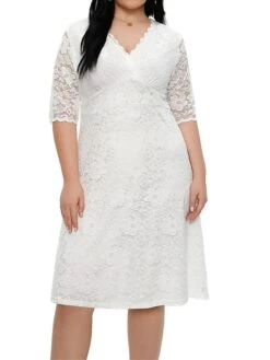 Women‘s Plus Size Curve Party Dress Lace Dress White Dress Solid Color Midi Dress Half Sleeve Lace V Neck Fashion Party White Red Summer Spring XL XXL 3XL 4XL 5XL -HAYz Clothing Shop tigigh1681204546551