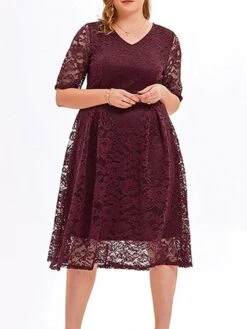 Women‘s Plus Size Curve Party Dress Lace Dress Cocktail Dress Midi Dress Black Pink Wine Half Sleeve Pure Color Lace Summer Spring Fall V Neck Fashion Birthday Wedding Guest Vacation 2023 -HAYz Clothing Shop tiicsn1691564496157