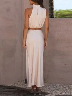 Women's Two Piece Dress Set Casual Dress Skirt Set Daily Holiday Fashion Sexy Ruched Long Dress Maxi Dress Stand Collar Sleeveless Plain Regular Fit Black White Light Green Summer Spring S M L XL -HAYz Clothing Shop tijzvv1690857198219