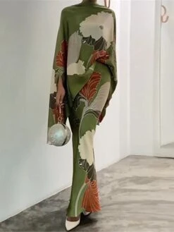 Women's Two Piece Dress Set Casual Dress Skirt Set Daily Going Out Elegant Modern Ruffle Print Long Dress Maxi Dress Stand Collar Long Sleeve Floral Regular Fit Green Fall Winter S M L XL