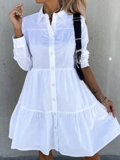 Women's Shirt Dress Casual Dress Swing Dress Midi Dress Outdoor Daily Vacation Cotton Basic Modern Shirt Collar Ruffle Button Long Sleeve Fall Winter 2023 Regular Fit ArmyGreen Black White Pure Color -HAYz Clothing Shop timmgz1695813924874