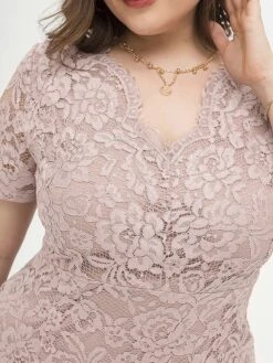 Women's Plus Size Curve Party Dress Lace Dress Cocktail Dress Midi Dress Black Pink Wine Short Sleeve Pure Color Lace Summer Spring Fall V Neck Fashion Birthday Wedding Guest Vacation XL XXL 3XL 4XL -HAYz Clothing Shop timqmg1692165636997