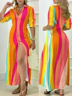 Women's Shirt Dress Casual Dress Maxi Long Dress Outdoor Daily Vacation Polyester Fashion Casual Shirt Collar Button Split Long Sleeve Summer Spring Fall 2023 Loose Fit Black Yellow Blue Plaid Striped