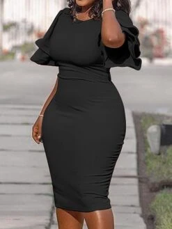 Women‘s Plus Size Curve Work Dress Bodycon Sheath Dress Solid Color Midi Dress Short Sleeve Ruffle Crew Neck Fashion Office Black White Summer Spring XL XXL 3XL 4XL 5XL -HAYz Clothing Shop tiwodh1677650845788