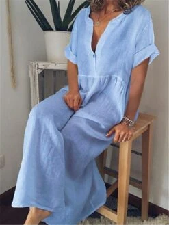 Women's Casual Dress Cotton Linen Dress Maxi Long Dress Cotton Blend Basic Classic Outdoor Daily Vacation Split Neck Button Short Sleeve Summer Spring 2023 Loose Fit Black White Blue Plain S M L XL -HAYz Clothing Shop tjedxm1688634748044