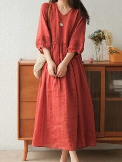 Women's Casual Dress Cotton Linen Dress Midi Dress Linen / Cotton Blend Basic Classic Outdoor Daily Vacation V Neck Lace Up 3/4 Length Sleeve Fall Autumn 2023 Loose Fit Black White Yellow Plain M L -HAYz Clothing Shop tjmqdd1693203395005