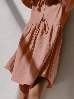 Women's Casual Dress Cotton Linen Dress Mini Dress Cotton Daily Basic Outdoor Home Daily V Neck Ruched Button 3/4 Length Sleeve Fall Autumn 2023 Loose Fit Navy Blue Blue Purple Plain S M L -HAYz Clothing Shop tjrfxf1692936379533