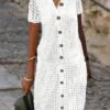 Women's Casual Dress Cotton Linen Dress Shift Dress Midi Dress Cotton Blend Modern Casual Outdoor Daily Vacation Split Neck Button Eyelet Short Sleeve Summer Spring 2023 Regular Fit White Plain S M L