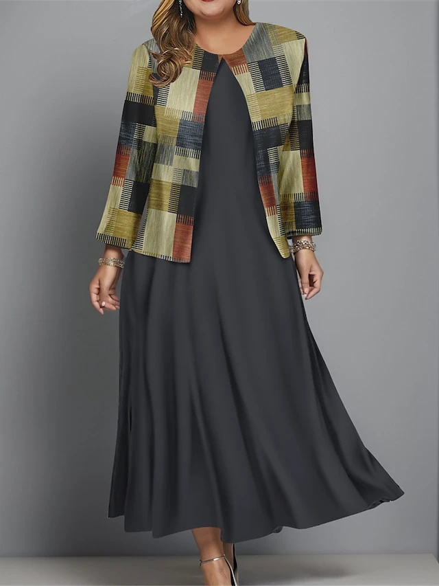 Women's Plus Size Two Piece Dress Set Casual Dress Swing Dress Outdoor Office Fashion Streetwear Print Midi Dress Crew Neck Long Sleeve Plaid Regular Fit Black Blue Brown Fall Winter L XL XXL 3XL 4XL 2 Women's Plus Size Two Piece Dress Set Casual Dress Swing Dress Outdoor Office Fashion Streetwear Print Midi Dress Crew Neck Long Sleeve Plaid Regular Fit Black Blue Brown Fall Winter L XL XXL 3XL 4XL - Image 2