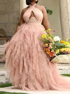 Women's Plus Size Curve Party Dress Swing Dress Halter Neck Dress Plain Long Dress Maxi Dress Sleeveless Mesh Backless Halter Neck Fashion Party Black Pink Fall Winter XL XXL 3XL 4XL 5XL