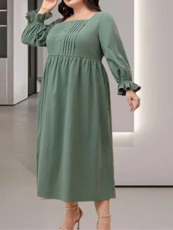Women's Plus Size Curve Casual Dress Winter Dress Swing Dress Plain Midi Dress Long Sleeve Ruched Pocket Square Neck Fashion Outdoor Green Fall Winter XL XXL 3XL 4XL 5XL -HAYz Clothing Shop tkuqnj1695191645999
