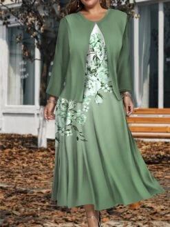Women's Plus Size Two Piece Dress Set Casual Dress Swing Dress Outdoor Office Fashion Streetwear Print Midi Dress Crew Neck Long Sleeve Floral Ombre Regular Fit Blue Purple Green Fall Winter L XL XXL -HAYz Clothing Shop tljcyk1697784945854