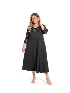 Women‘s Plus Size Curve Party Dress Color Block Crew Neck Lace 3/4 Length Sleeve Spring Fall Elegant Prom Dress Maxi Long Dress Formal Party Dress -HAYz Clothing Shop tlozeq1694770673026