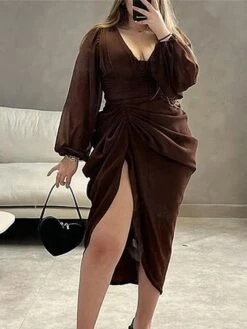 Women's Plus Size Curve Party Dress Sheath Dress Plain Midi Dress Long Sleeve Ruched Split V Neck Fashion Party Coffee Fall Winter L XL XXL 3XL 4XL