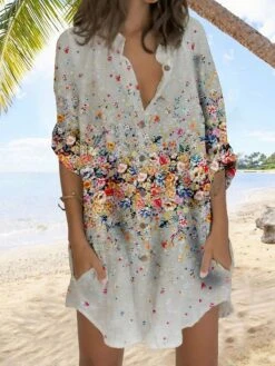 Women's Shirt Dress Casual Dress Shift Dress Mini Dress Outdoor Daily Vacation Polyester Fashion Casual Stand Collar Button Pocket Long Sleeve Summer Spring Fall 2023 Regular Fit White Orange Gray