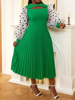 Women's Plus Size Curve Party Dress Work Dress A Line Dress Polka Dot Midi Dress Long Sleeve Mesh Cut Out Crew Neck Fashion Party Green Fall Winter XL XXL 3XL 4XL -HAYz Clothing Shop tmibnn1694425973818