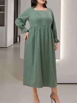 Women's Plus Size Curve Casual Dress Winter Dress Swing Dress Plain Midi Dress Long Sleeve Ruched Pocket Square Neck Fashion Outdoor Green Fall Winter XL XXL 3XL 4XL 5XL -HAYz Clothing Shop tmjpyw1695191646679