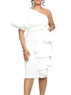 Women‘s Plus Size Curve Party Dress Solid Color One Shoulder Ruffle Short Sleeve Spring Fall Prom Dress Midi Dress Casual Daily Dress -HAYz Clothing Shop tmpbgq1656067342360