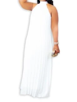 Women's Plus Size Curve Shift Dress Solid Color Halter Neck Ruched Sleeveless Spring Summer Basic Maxi Long Dress Casual Daily Dress -HAYz Clothing Shop tmtndr1654676762865