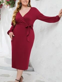 Women's Plus Size Party Dress Cocktail Dress Wedding Guest Dress Midi Dress Black Wine Blue Long Sleeve Pure Color Lace Up Spring Fall Winter V Neck Fashion Winter Dress Wedding Guest Birthday 2023 -HAYz Clothing Shop tnirrt1691738721889