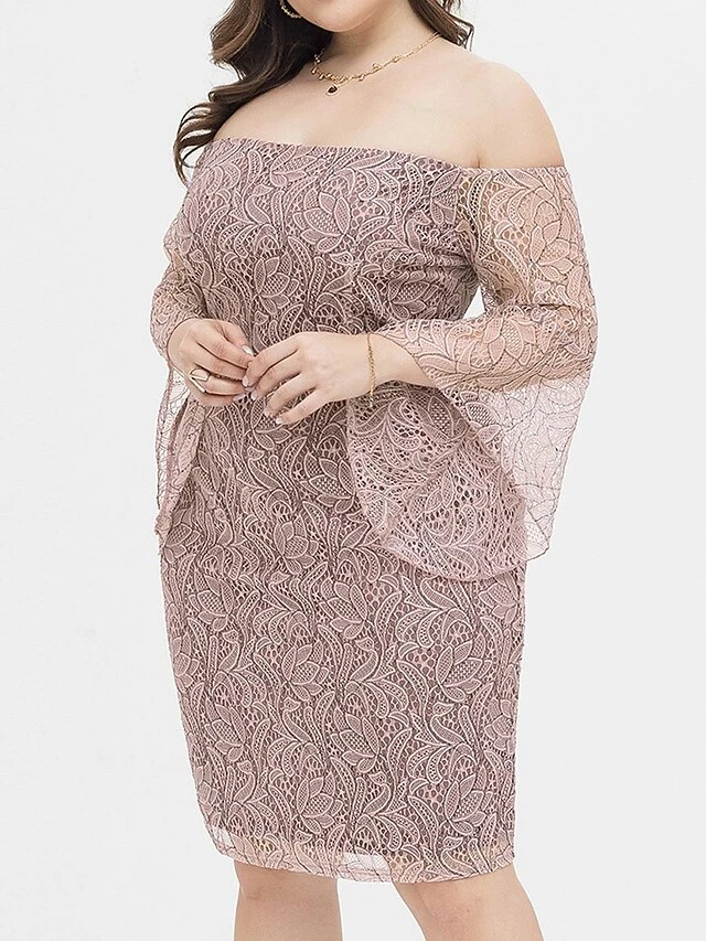 Women's Plus Size Party Dress Lace Dress Cocktail Dress Midi Dress Pink Long Sleeve Pure Color Lace Spring Fall Winter Off Shoulder Fashion Birthday Wedding Guest Vacation 2023 XL XXL 3XL 4XL 4 Women's Plus Size Party Dress Lace Dress Cocktail Dress Midi Dress Pink Long Sleeve Pure Color Lace Spring Fall Winter Off Shoulder Fashion Birthday Wedding Guest Vacation 2023 XL XXL 3XL 4XL - Image 4