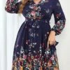 Women's Plus Size Party Dress Wedding Guest Dress Tunic Dress Mini Dress Dark Blue Long Sleeve Flower With Belt Spring Fall Winter V Neck Fashion Winter Dress Evening Party Wedding Guest 2023 XL XXL