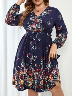 Women's Plus Size Party Dress Wedding Guest Dress Tunic Dress Mini Dress Dark Blue Long Sleeve Flower With Belt Spring Fall Winter V Neck Fashion Winter Dress Evening Party Wedding Guest 2023 XL XXL