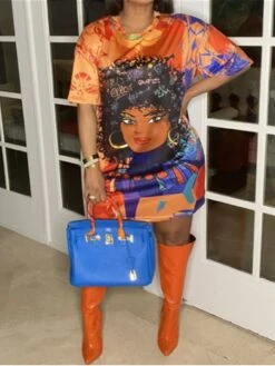 Women‘s Plus Size Curve Casual Dress T Shirt Dress Tee Dress Shift Dress Graphic Midi Dress Short Sleeve Print Crew Neck Fashion Daily Black Orange Spring Summer L XL XXL 3XL -HAYz Clothing Shop todqvf1672900108769